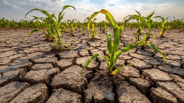 Small corn plants struggle to survive in a field of cracked dry earth during a severe drought.