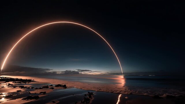 Rocket launch over the sea, viewed from a ship, dramatic aerospace scene in Mexico at dusk