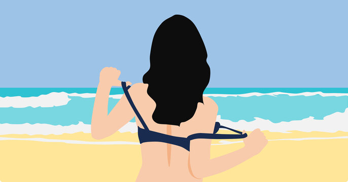 水着を着た女性が浜辺にいるイラスト