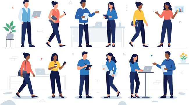 Diverse Flat Style Business Team and Office Worker Character Set with Laptop, Phone, and Documents for Corporate and Workplace Design Illustrations