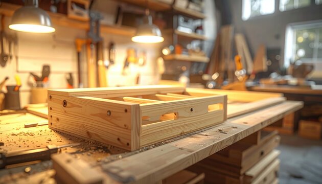 Closeup of a wooden drawer frame being assembled on a workbench in a workshop setting.