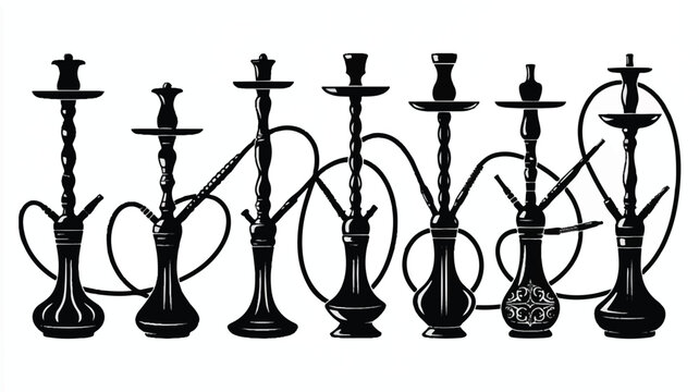 set of different hookahs in black and white illustration