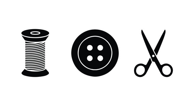 sewing tools icons with spool thread button and scissors