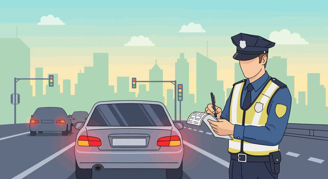 Policeman issuing ticket to driver on busy city road