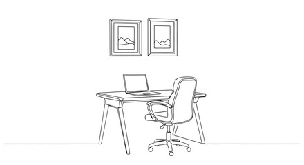 Fototapeta premium Minimalist Office Interior Line Art with Laptop and Decor