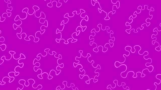 Vibrant 2D animation of pink puzzle shaped and wavy microbe outlines on bright magenta background, highlighting microbial diversity and active movement.