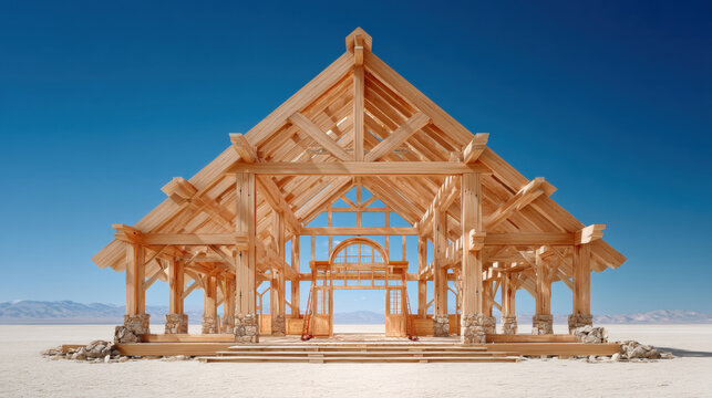 Beautiful exposed timber frame house structure isolated against blue sky, detailed wooden architecture skeleton with symmetrical beams and craftsmanship, conceptual residential construction render 