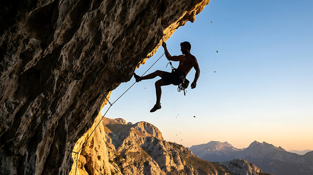 Man rock climbing steep cliff face with rope at sunset mountains in background adventurous silhouette