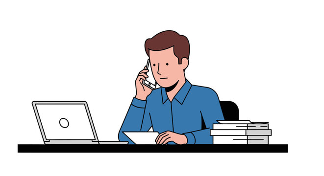 Business professional on phone call at desk, laptop, vector illustration
