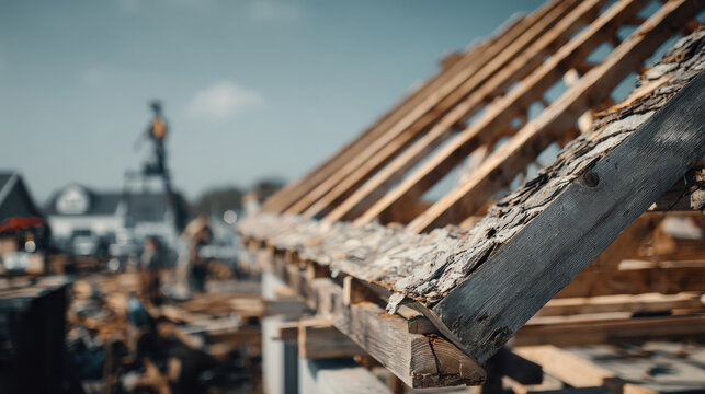 Close up wooden roof frame construction at building site with blurred workers and unfinished houses in background, modern residential development project under construction, architectural timber 