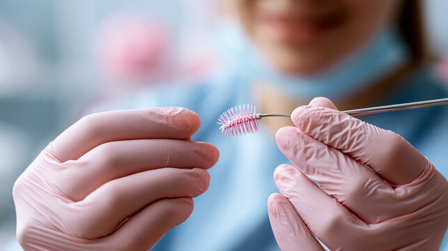Macro close up of softly defocused gloved hands holding a small interdental brush against a bright clean pastel backdrop dental cleaning interdental brush faceless macro soft