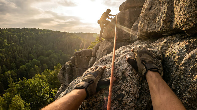 Man climbing vertical cliff face with rope and harness on steep rocky mountain during sunset
