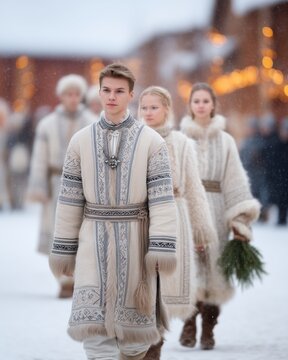 Belarusian Kolyada Christmas ritual in snowy village at night