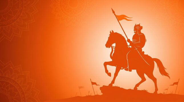 Artistic silhouette of a rajput warrior king on horseback holding a spear against a warm orange maharana pratap