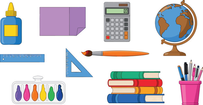 school supplies and education objects set featuring books globe calculator and stationery for classroom vector illustration design.