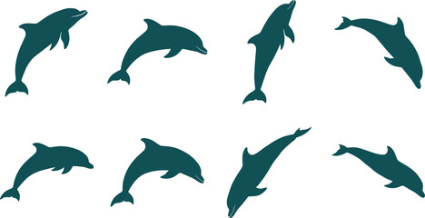 Naklejka premium Dolphin Silhouette Collection Flat Vector Illustration Set Featuring Various Dynamic Poses of Jumping, Swimming, and Diving Dolphins in Dark Teal Color for Ocean and Marine Design