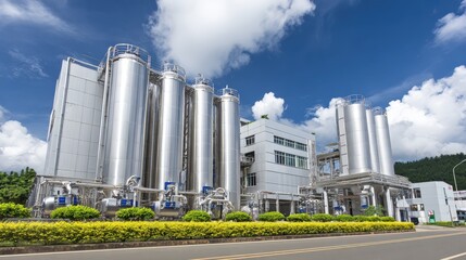 Fototapeta premium Industrial facility features large stainless steel storage tanks under a bright blue sky.