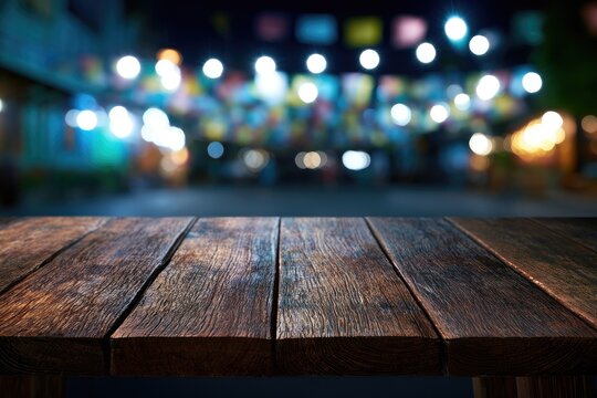 Rustic wooden table in foreground, blurred background with festive night lights