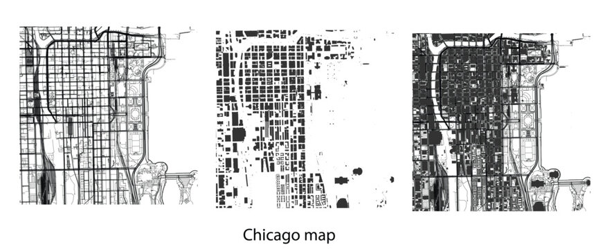 Chicago city map vector, detailed urban street grid illustration, monochrome downtown road network, black and white building layout, modern cartography design template for print and digital use