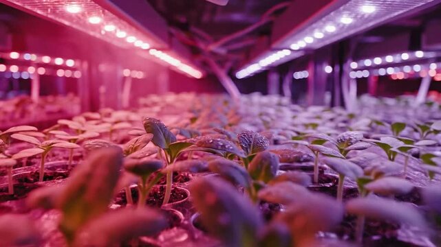 Vertical Farming Seedlings Growing Under Led Lights