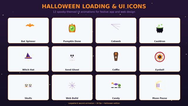 Halloween loading and UI icon set animation, 12 spooky-themed user interface elements with bat spinner, pumpkin, ghost and witch hat, festive loopable motion graphics
