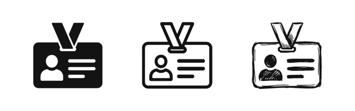 ID Badge and Name Tag Icon Set for Identification and Access Control in Solid Outline and Hand Drawn Styles