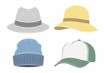 Fototapeta premium Collection of Diverse Headwear - Fedora, Sun Hat, Beanie, and Baseball Cap.