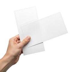 Fototapeta premium Person holds blank rectangular white paper cards against a clean white background