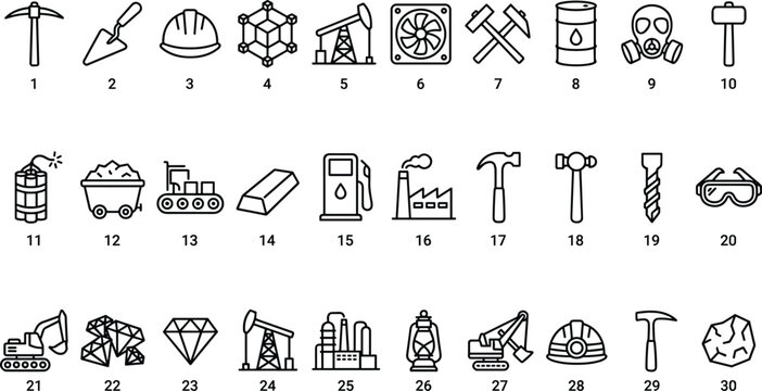 mining and industrial equipment icons set featuring tools machinery safety gear and factory elements for vector illustration design.