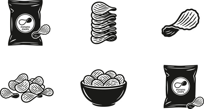 potato chips snack illustrations with crispy packaged and bowl designs for fast food vector illustration collection.