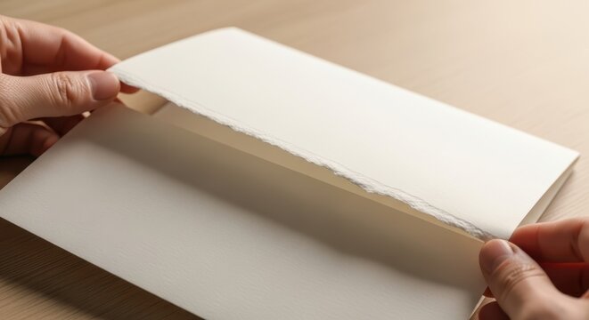 hands carefully handling a sheet of paper with textured edges on a wooden surface