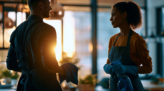 Cinematic wide view of two silhouetted figures in aprons cleaning a bright softly defocused modern home interior with cleaning supplies in hand professional housewives home