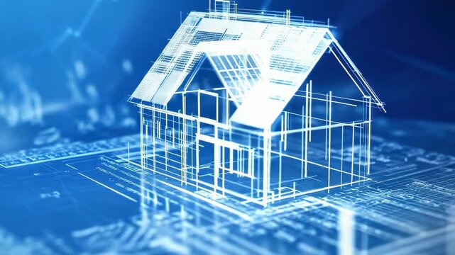 The process of designing a house is shown through digital blueprints. Different views of the structure are presented, revealing the construction plan step by step