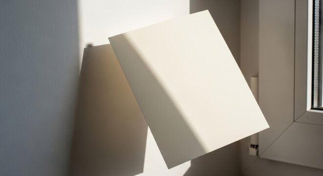 A white paper being illuminated by sunlight on a wall, casting dramatic shadows in a modern interior setting
