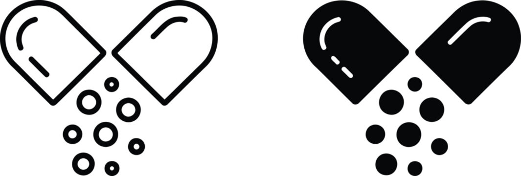 Open pill capsule icons with medicine, pharmacy vector illustration
