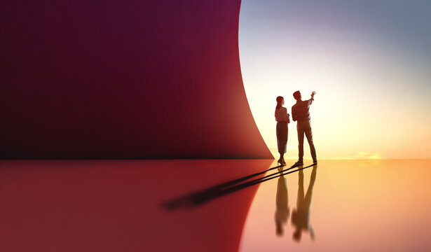 Business Team Silhouette in Futuristic Abstract Space at Sunset ? Visionary Leadership and Collaboration