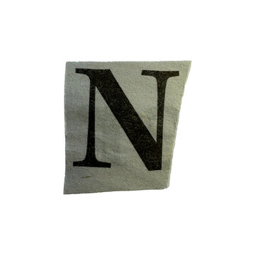 Ransom note style alphabet letter N hand-cut from vintage newspapers and magazines. Real paper collage character with authentic printed texture and handmade clipping isolated on transparent background