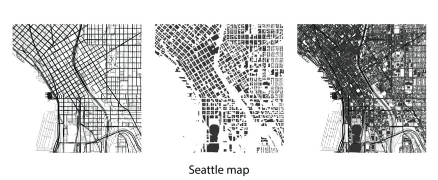 Detailed Seattle city map vector illustration featuring urban street grid, downtown roads, blocks, transportation layout, monochrome cartography design