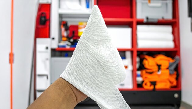 A crisp white triangular medical bandage held by a hand in front of an organized emergency vehicle cabinet, providing a clear demonstration of professional first aid equipment and safety gear.