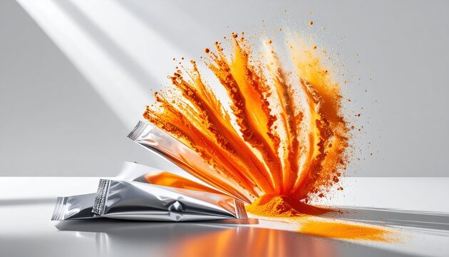 Dynamic burst of vibrant orange effervescent powder exploding from metallic foil sachets on a clean studio surface, capturing a high speed conceptual visualization of health and wellness energy.