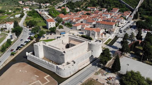Croatia drone view. Ston town fortress summer view.