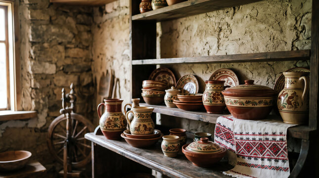 Traditional Ukrainian Folk Pottery Collection on Wooden Shelves in Authentic Stone Wall Interior with Spinning Wheel and Embroidered Rushnyk