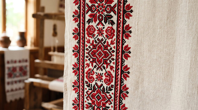 Traditional Ukrainian Rushnyk with Rich Floral Red Black Embroidery in Folk Weaving Workshop &mdash; Vertical Close Up with Copy Space