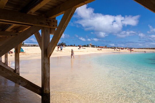 The famous Bikini Beach on Sal Island with the unique wooden pier, the shallow turquoise waters and the golden sand beach, making this a idllyic beach destination to relax and feel the "no stress" att