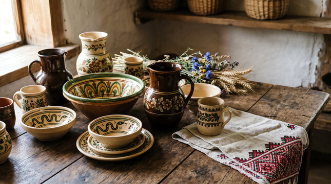 Traditional Ukrainian Folk Pottery Collection in Authentic Hata Interior &mdash; Green Brown Ceramic Jugs Bowls and Cups with Cornflowers, Wheat and Embroidered Rushnyk