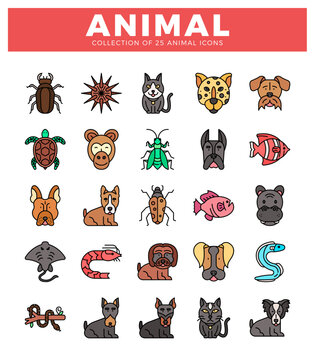 25 animal icons collection with diverse creatures on a white background