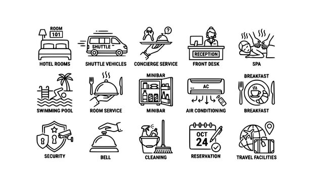 Minimal black and white hotel and resort icon set with amenities and guest service symbols