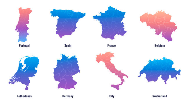 Europe Countries Gradient Map Vector Set