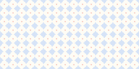 Fototapeta premium Seamless pattern with soft blue geometric shapes and small pink crosses on a cream background