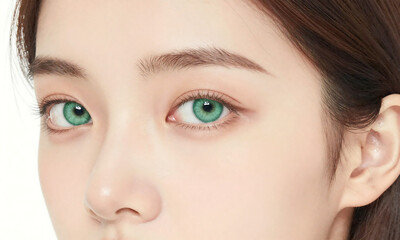 Fototapeta premium photograph young caucasian woman face showcasing luminous complexion striking emerald eye captured soft natural